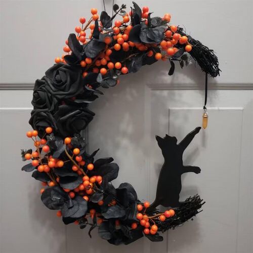 2022欧美热销万圣节哥特玫瑰月亮猫花环万圣节门装饰水晶月亮花环