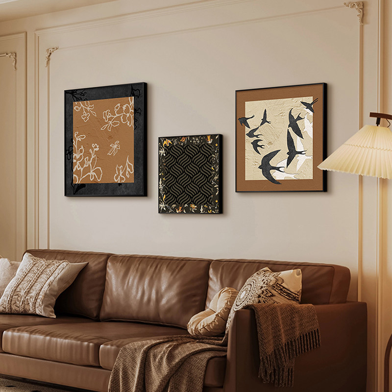 客厅三连装饰画中古风沙发背景墙法式复古餐厅挂画卧室床头正方形