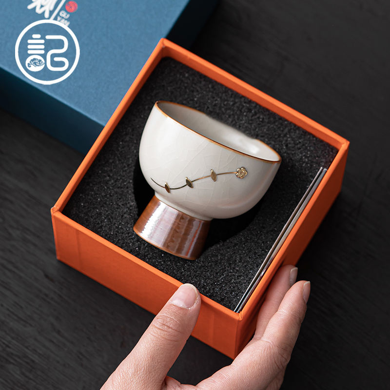 记今朝《锔钉工艺》高脚米黄汝窑主人杯茶杯个人杯开片可养礼盒装