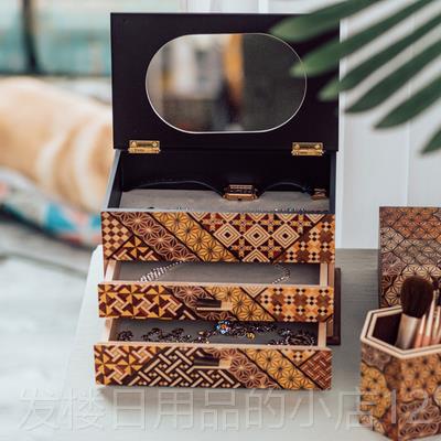 正品礼日式本寄木细工珠盒宝盒首饰桌面实木抽屉柜日三金收纳盒结