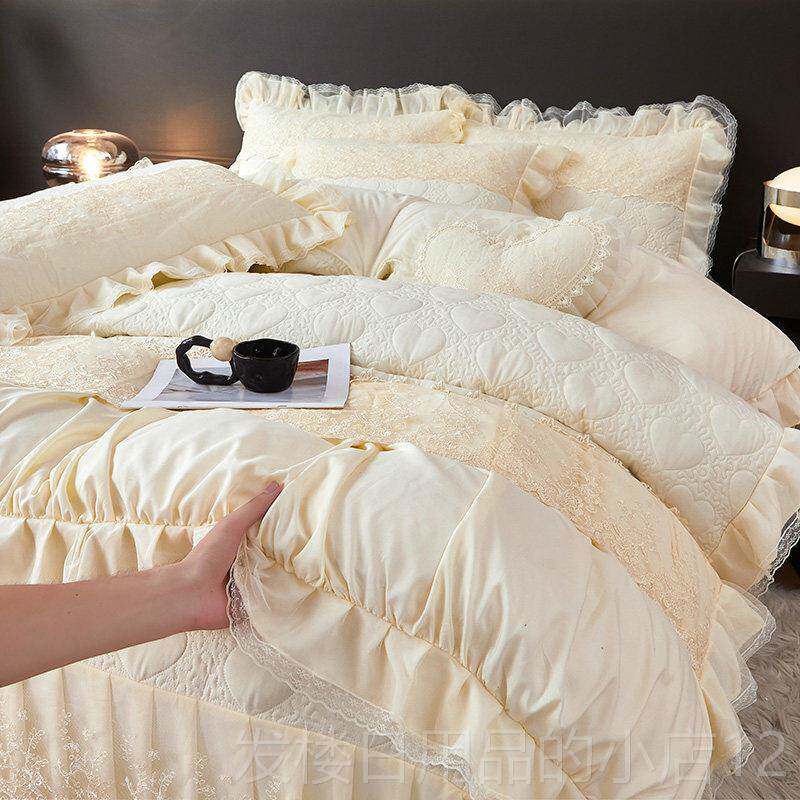 正品婚庆大红色件床裙四棉套结婚蕾被子夹床罩款床上丝花边床单被