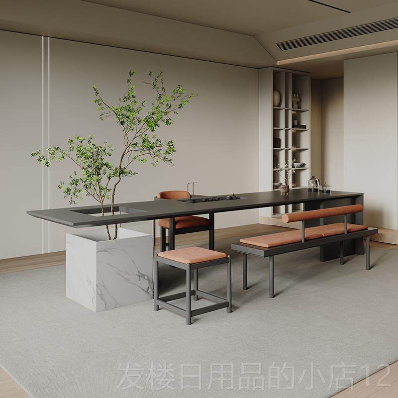 正品现代简约岛台茶桌组合实木新中式嵌入式一色体茶台黑禅椅意公