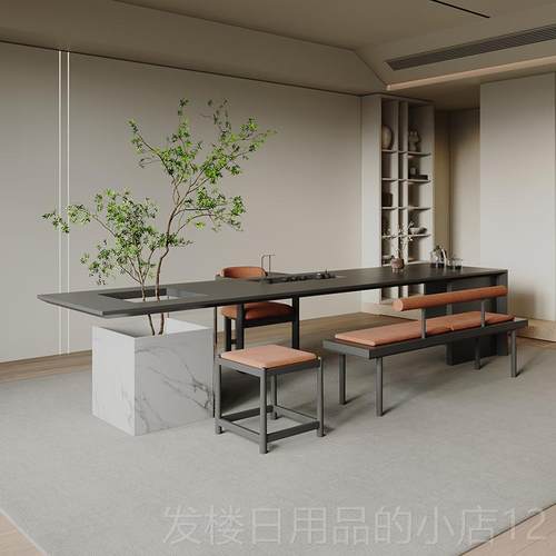 正品现代简约岛台茶桌组合实木新中式嵌入式一色体茶台黑禅椅意公