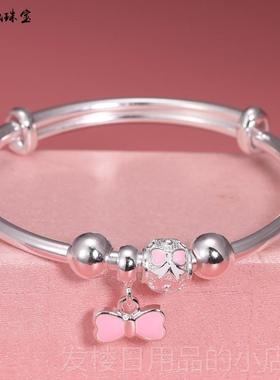 正品生儿童银手镯纯镯子男女足银999小银孩银手环女童学生卡通礼