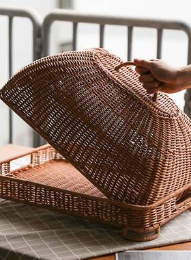 古仿藤饭菜罩形餐桌方罩食物罩防蝇复罩3ZY23855酒店点心盘带编盖