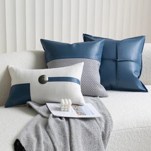 现代COZP简约亮蓝色U皮抱枕客厅沙发垫靠枕样腰板间装饰靠长方形