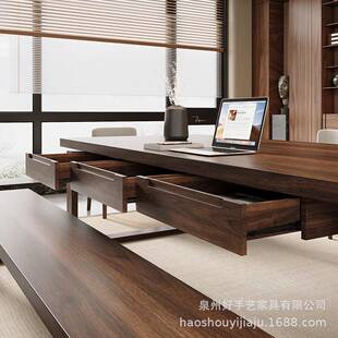 南莫美胡桃木长书桌带作抽屉学HSG习大桌椅多人休闲办公比恩客厅