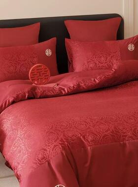 新中式喜字结婚四件套棉红色床单玫瑰被套婚庆TIW房被喜大床上用