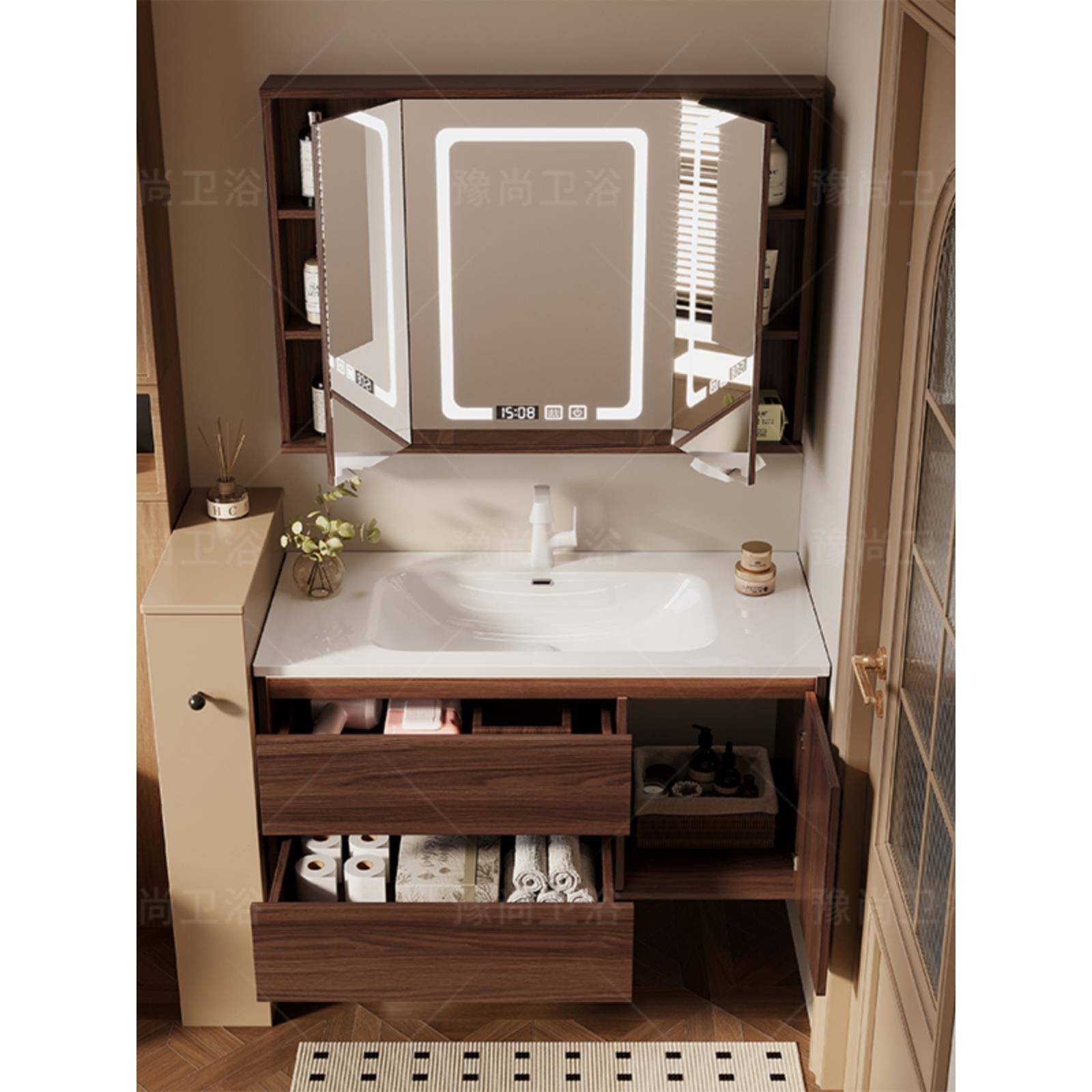 ILN新中式卫胡桃木式隐藏折叠风水镜浴室柜间陶瓷一体盆生洗漱台
