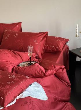 A大类60支纯棉婚庆四套全棉件提花红色EAD被床单喜被新婚嫁房被套
