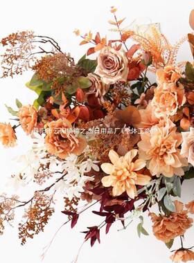 布复古饰花艺棕色花排壁UAH橱窗舞台婚礼装置绢花活动走道路引雏