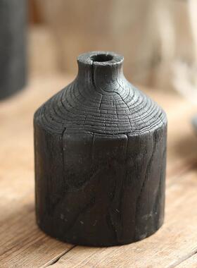 黑色圆木小口花民宿软饰品实木复古家做旧餐NFB桌居瓶摆装件