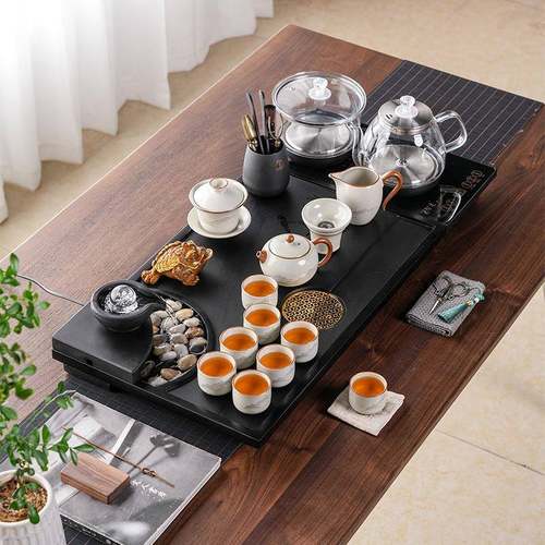 新款天送然套乌金石茶盘整家用流水电茶海办WFK公泡茶台全自动磁
