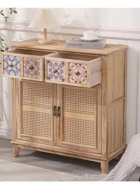 8实木收纳储物柜复古餐边玄关K茶水柜HTO藤编斗柜子柜客厅边柜美