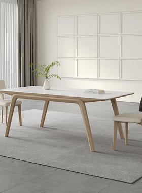 9W纯白色G-116哑光岩板餐桌原约用木奶油风家简现代长方形白木帆