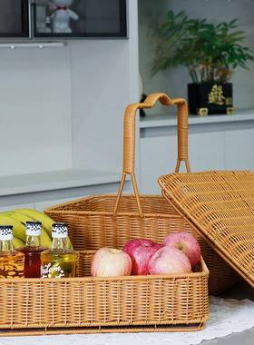 外野餐双层拜拜篮藤编手提箱大容量OHX买织菜水果篮带户盖购物仿