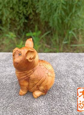 崖黄杨木雕刻生肖小猪汽车小AXN摆柏件财茶桌茶饰宠装手把件家居