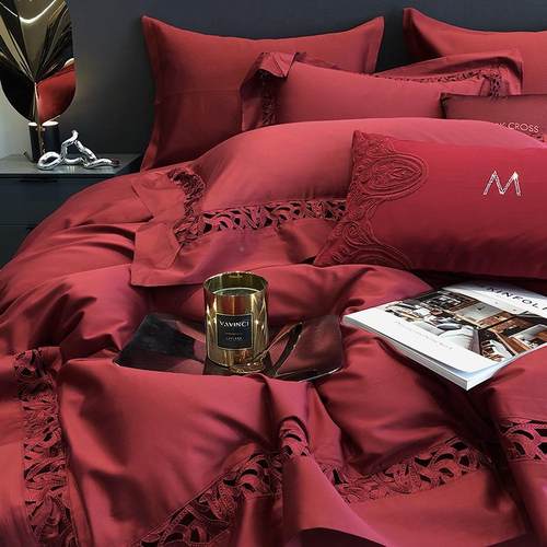 古边高端道轻奢纯140匹马棉婚庆四件套暗红高端匹马上棉结婚床用