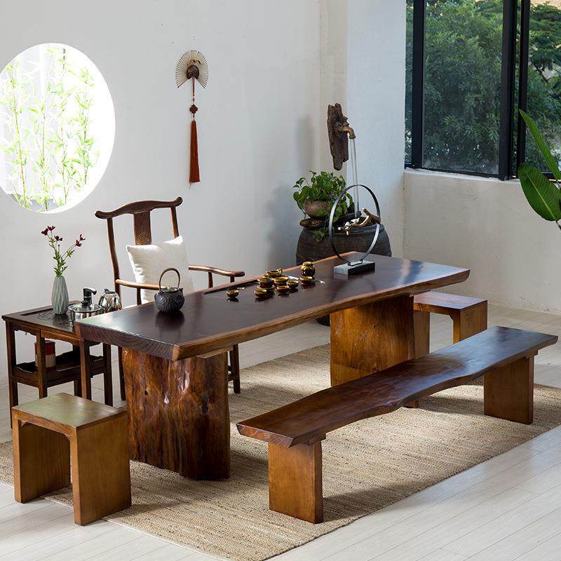 新WXI办中式实木大桌板茶台公室复古洽谈泡茶椅茶楼自然艺边茶桌