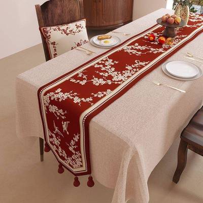 中式红色桌旗婚苏穗子轻结奢高尼端雪尔防水流茶2025/2/1几茶席