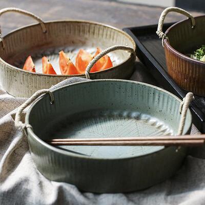 家用日式器古深盘瓷盆餐盘碗盘餐具陶陶瓷盆简约食粗P00302陶水果