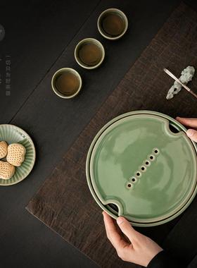 复古青茶瓷cmcp-023茶盘圆形储水式泡台陶干瓷泡盘母日式祖绿茶台