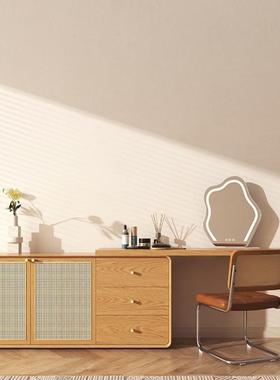 藤编实木梳脑桌电桌小户型储IRS物可伸缩现妆书代简约原木色桌