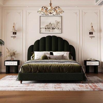 美式绒式布复古意式实木床简约奢华黑WMT色法式双主人床欧公卧主