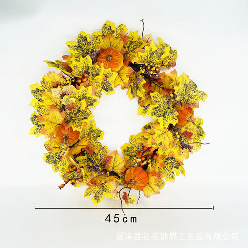 跨境货源圣诞花环丰收节感恩节门挂秋色南瓜枫叶果实橱窗藤圈装饰