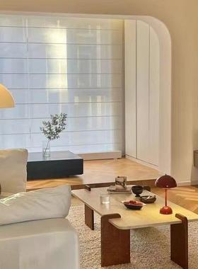 奶油岩风茶几复古实木客厅小户型网QTP红民宿家奢用轻方板形洞石