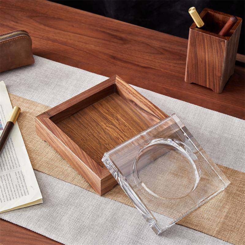 新中胡桃木客厅家烟灰缸办公室创意820形木质方式水晶烟灰用缸