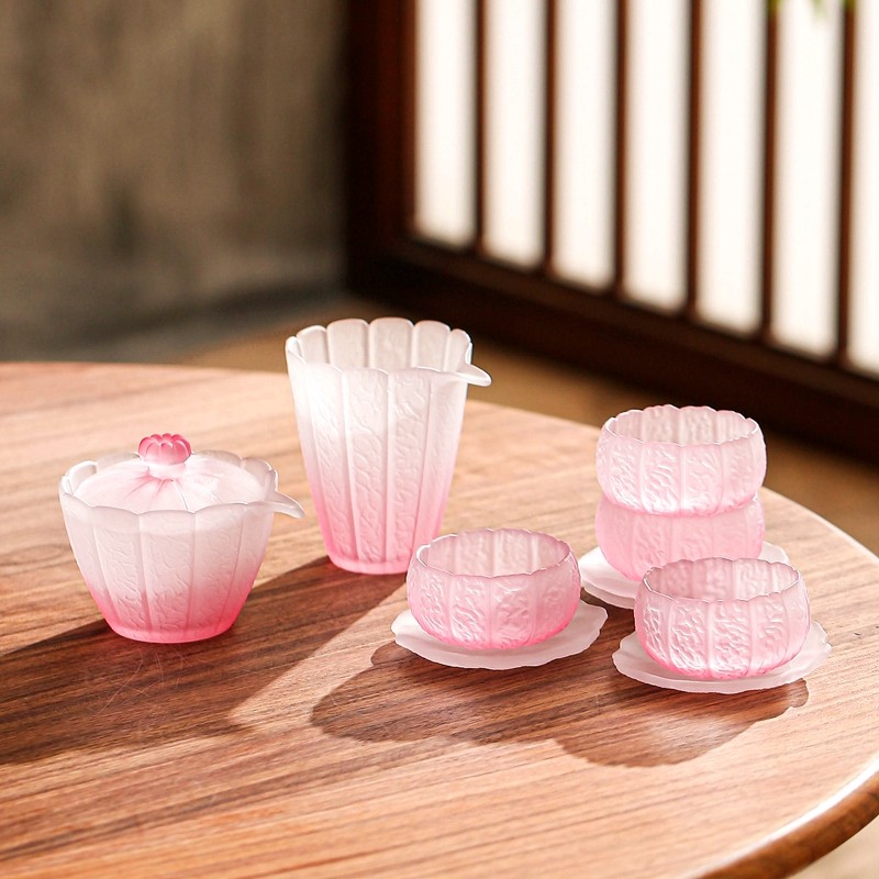 妃粉莲花水晶玻璃茶杯加厚耐热功夫茶具套装盖碗公道杯泡茶壶家用