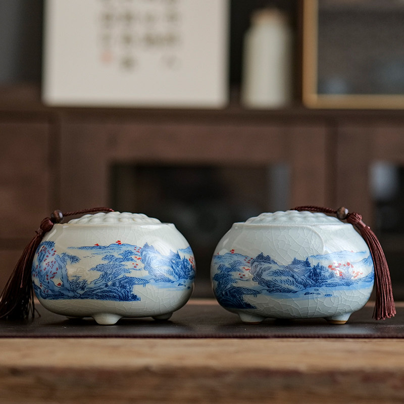 米黄汝窑陶瓷茶叶罐 家用密封罐中式储存罐 国潮风绿茶红茶存茶罐