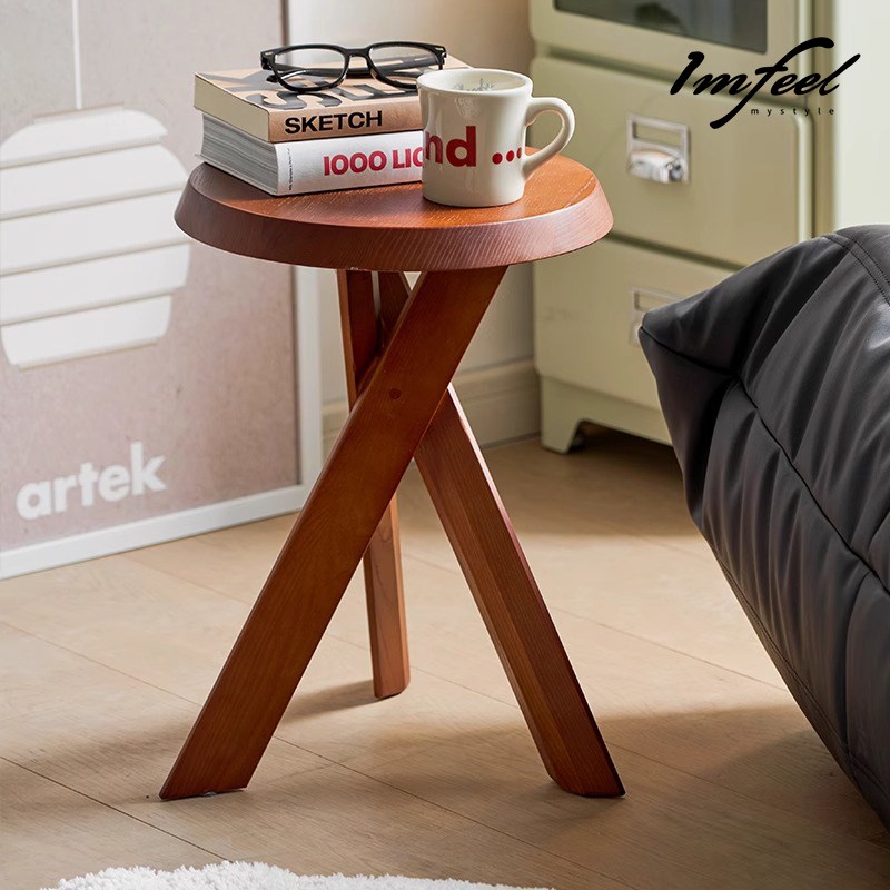 我感实木沙发边几复古小户型茶几创意床头小圆桌子简约中古矮