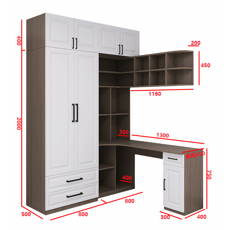 衣柜书桌一体转角儿童房小户型实木带书柜加拐角梳妆台电脑桌