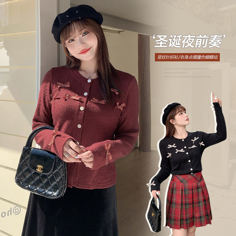 安哥拉红蝴蝶结针织开衫上衣女秋冬胖mm大码女装针织衫外搭65130