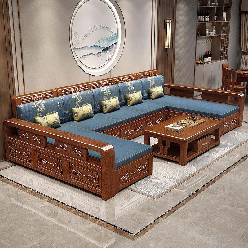 胡桃木全TJO实木沙发雕花冬合客现代中式厅夏两用转角贵妃储物组
