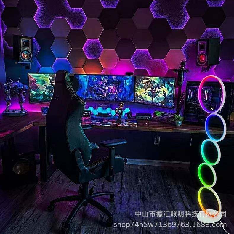 创意led代圆圈简落地灯客厅卧约室现暖光触调光65五摸环落地灯