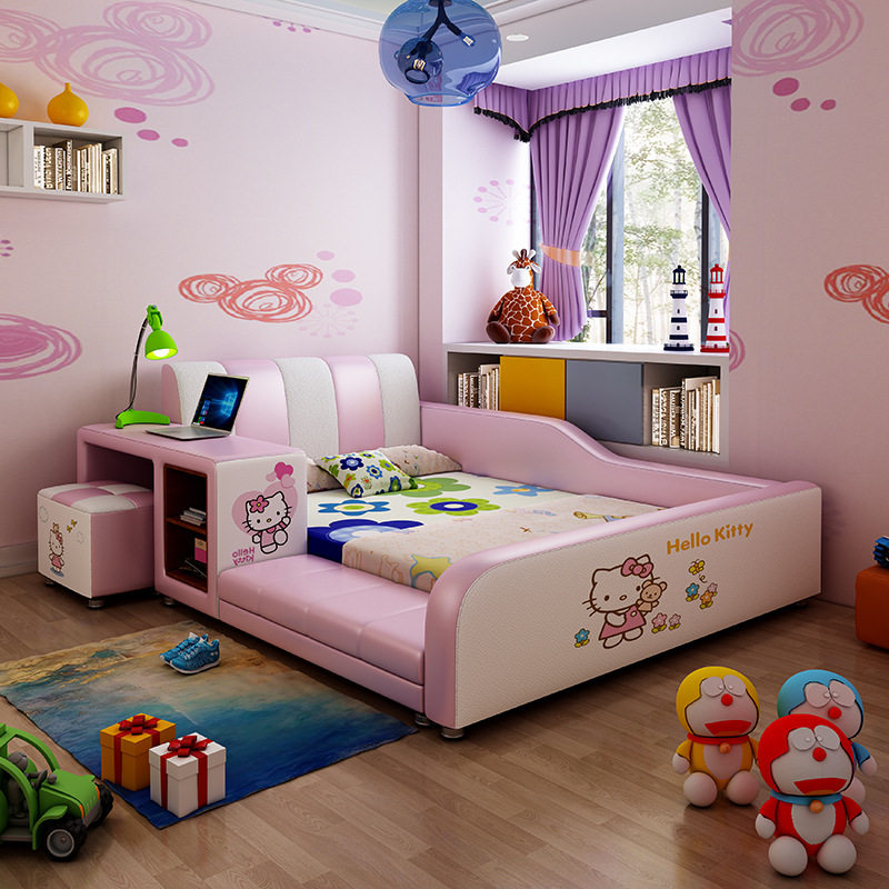 儿童卧室粉色拼接公主单人床
