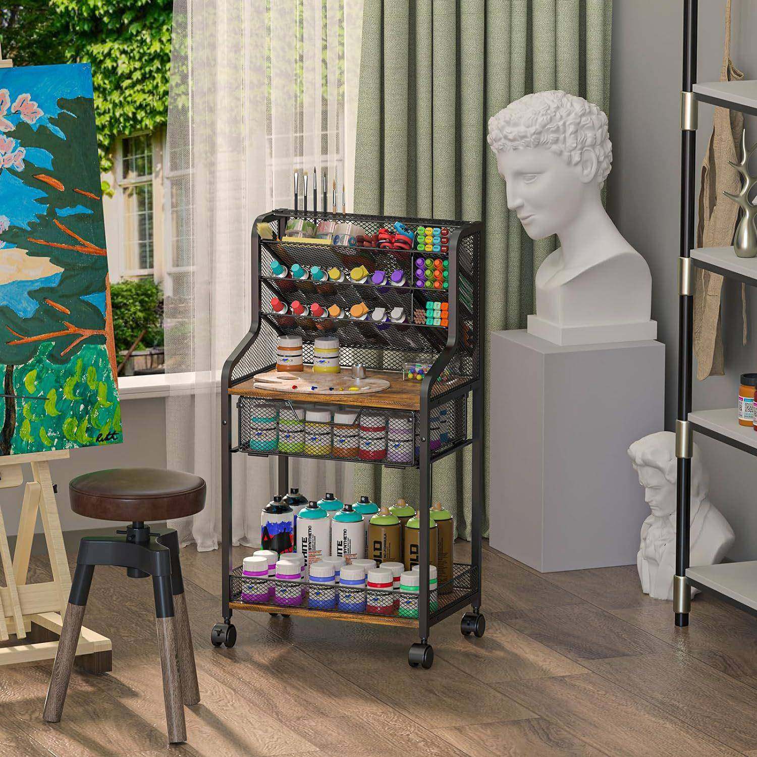 小推车置物工架可抽拉动艺品置物笔架颜料画绘画工具多GYPTC01层