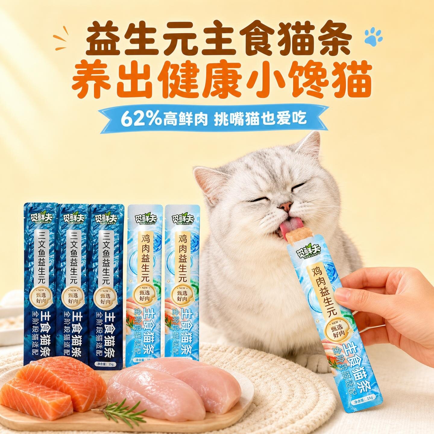 鱼油猫条零食益生元温和调理肠胃0添加剂成幼猫营养增肥补