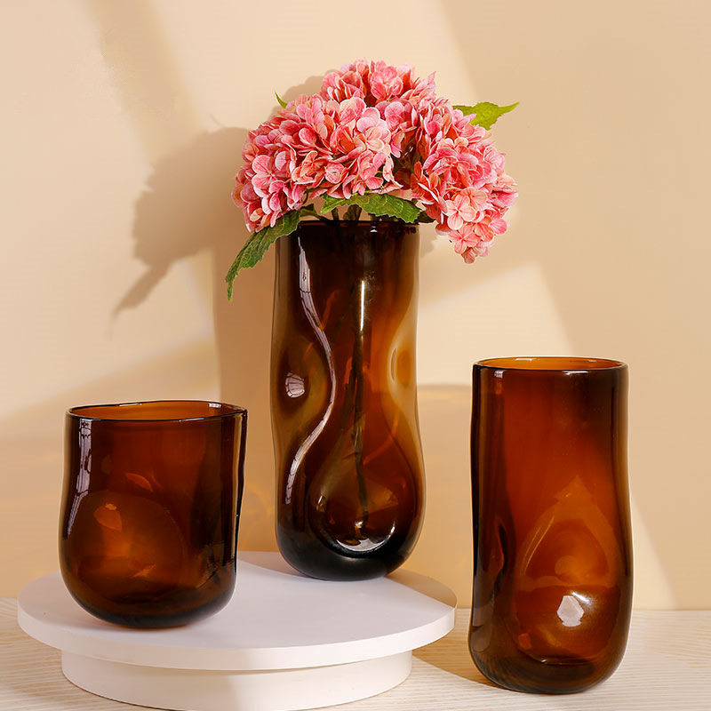 玻璃花瓶客厅水培花器家居饰品摆件不规则琥珀色大口径手工玻璃