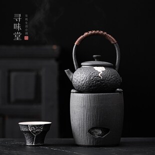 矾黑粗陶煮茶壶酒精炉复古黑色茶壶提梁壶茶炉陶瓷煮茶器侘寂风