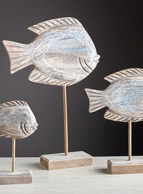 海洋风格实木手工雕刻鱼摆件地中海桌面摆设样板房软装电视柜摆台