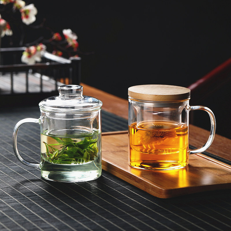 玻璃泡茶杯水杯加厚耐高温茶水分离杯子家用带把带盖办公室花茶杯