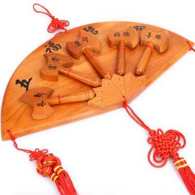 桃木五福临门扇形斧头木雕结婚坐福家居雕刻百福字客厅装饰品挂件