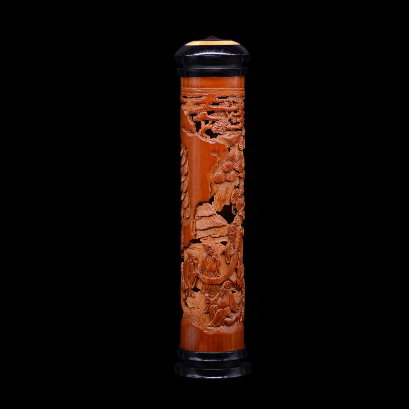精品名家纯手工雕刻拆房老竹观画图镂空香薰筒竹雕香道竹制香插