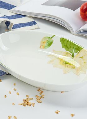 唐山骨瓷酒店10英寸深汤鱼盘椭圆深盘饭盘10寸小鱼盘清蒸菜鱼头盘