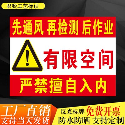 先通风再检测后作业严禁擅自进入有限空间警示标识标志提示牌铝板