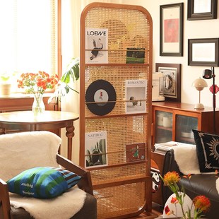 中复古实木玄关入户座屏风隔断客厅沙发边可移动遮挡置物花架杂志